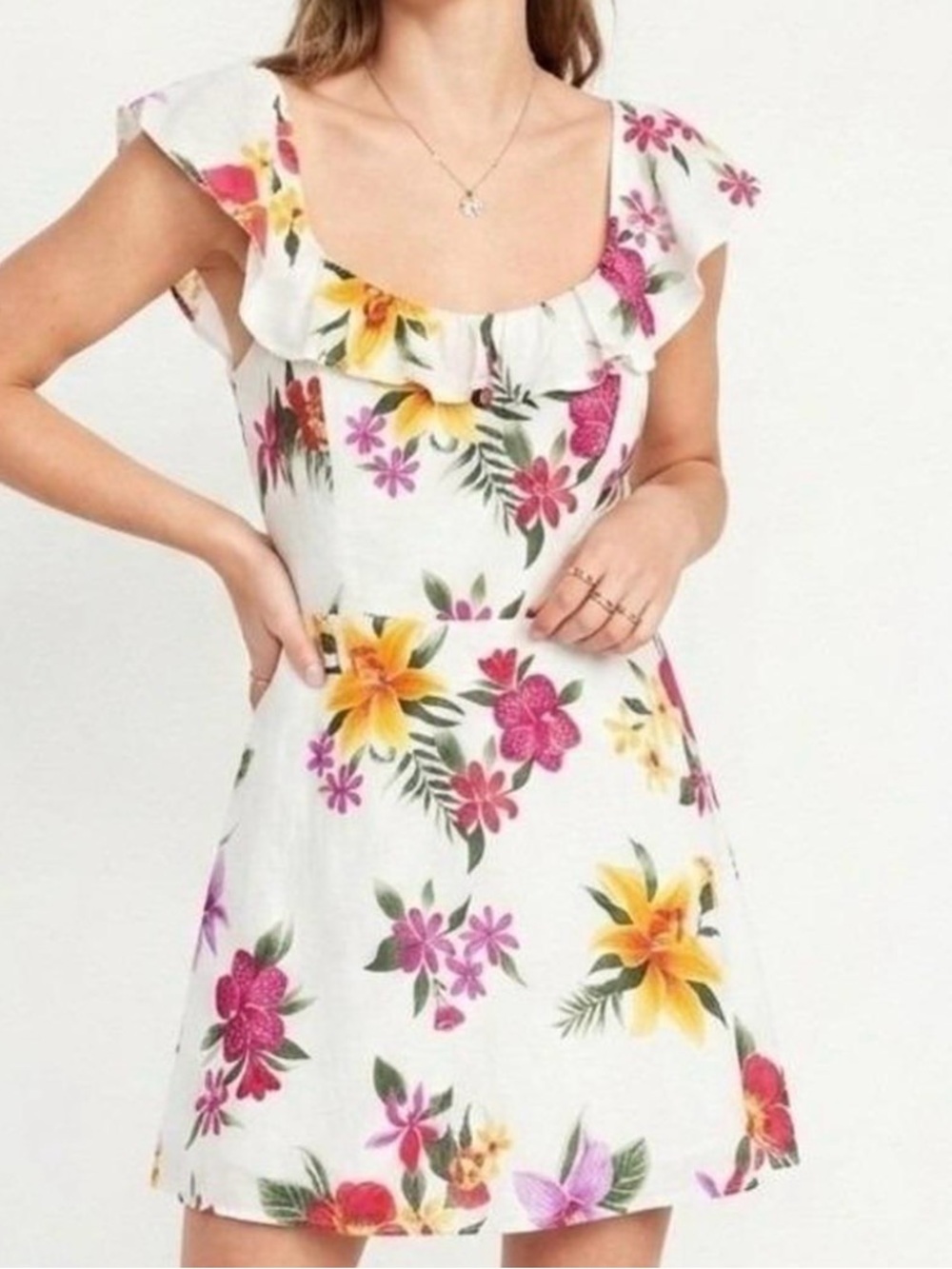 Old Navy White Dress with Yellow, Pink & Red Floral Print